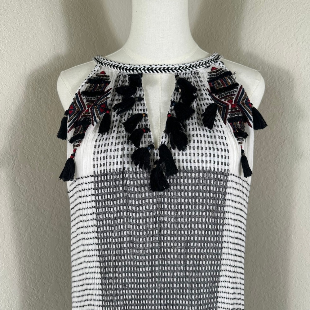 Maeve Maxi Dress Womens XL White Black Puebla Tassel Boho Embroidered Costal - Picture 3 of 9